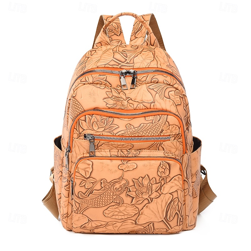Faux Leather Backpack with Embossed Koi & Lotus Design – Boho Aesthetic School Bag for Teens & Art Lovers