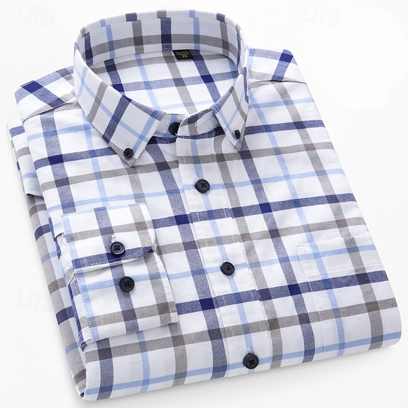Men's Shirt Dress Shirt Button Down Shirt Oxford Shirt Plaid Shirt Collared Shirt Plaid / Check Daily Wear Corporate Clothing Dark Navy Navy Blue Blue Green Long Sleeve Shirt Collar All Seasons