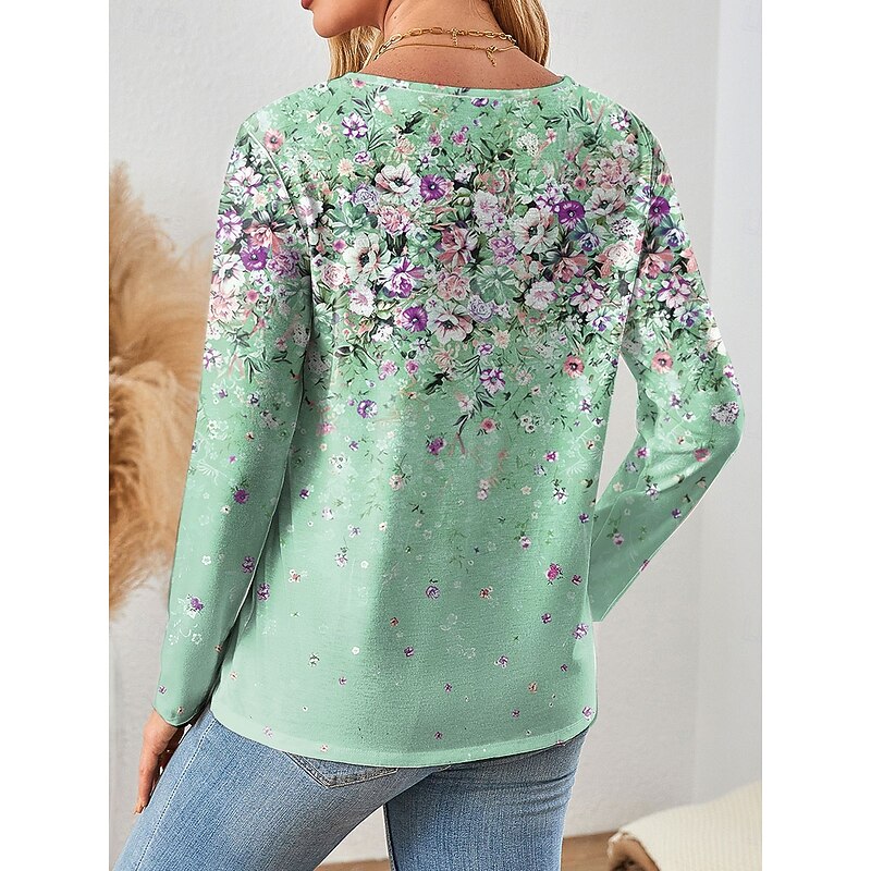 Easter Women's T shirt Crew Neck Long Sleeve Tunic Floral Graphic Plants Vintage Stylish Classic  Regular Tops Daily Print Pink Blue Purple Orange Green Fall2
