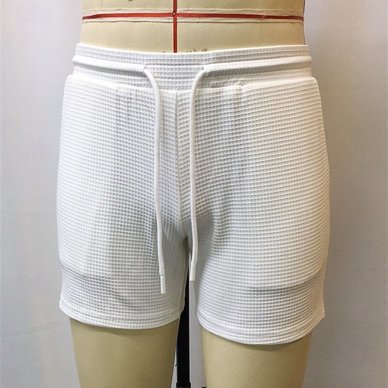Men's Waffle Shorts Shorts Summer Shorts Casual Shorts Pocket Elastic Waist Drawstring Plain Comfort Breathable Short Outdoor Vacation Sport Casual White2