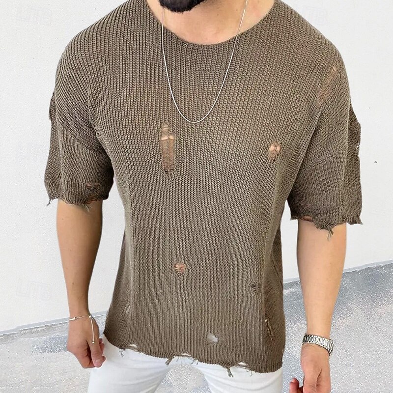 Men's Pullover Sweater Jumper Knit Sweater Ribbed Knit Regular Tops Knitted Hole Plain Crew Neck Fashion Basic Vacation Daily Wear Clothing Apparel Summer Black White M L XL