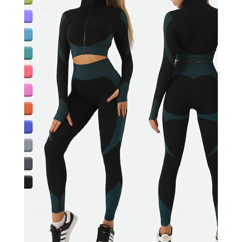 Women's 2 Pieces Yoga Sweatsuit Lounge Outfits  Fall Patchwork Color Block Clothing Suit ArmyGreen Black Gym Workout High Waist Quick Dry Stretchy Breathable Long Sleeve Sport Activewear Slim