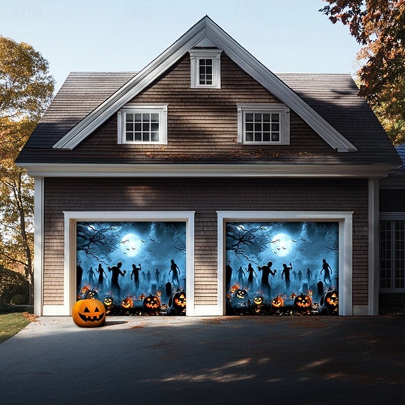 Halloween Garage Door Cover Banner Backdrop – Moonlit Pumpkin Field with Zombie Hands, Oversized Front Yard Decoration for 2025 Halloween, Includes Hanging Accessories4
