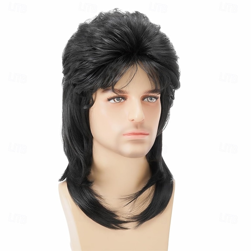 Mullet Wig Black 80s Men WigPunk Rocker Hair Party Daily Halloween Costumes Long Wigs4