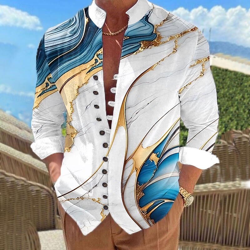 Men's Marble Abstract Liquid Art Shirt Stand Collar Shirt Long Sleeve Casual Vacation Daily Wear Going out Spring Fall Mandarin Collar Band Collar Button-Down Linen Like Shirt Wine Blue Purple Green