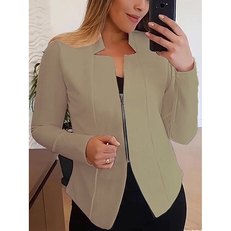 Women's Blazer Comfortable Breathable Zipper Fashion Modern Plain Work Daily Regular Stand Collar Regular Fit Long Sleeve Outerwear Black White Light Green Spring Fall3
