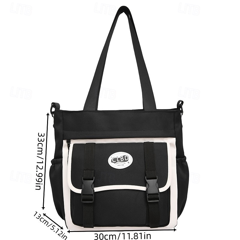 Women's Black and White Canvas Tote Bag – Casual School Shoulder Bag with Front Buckle Pocket for Teen Girls & College Students2