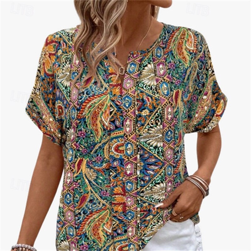 Women's Shirt Floral Stylish Modern Long Sleeve V Neck Regular Tops Daily Holiday Print Rainbow Summer