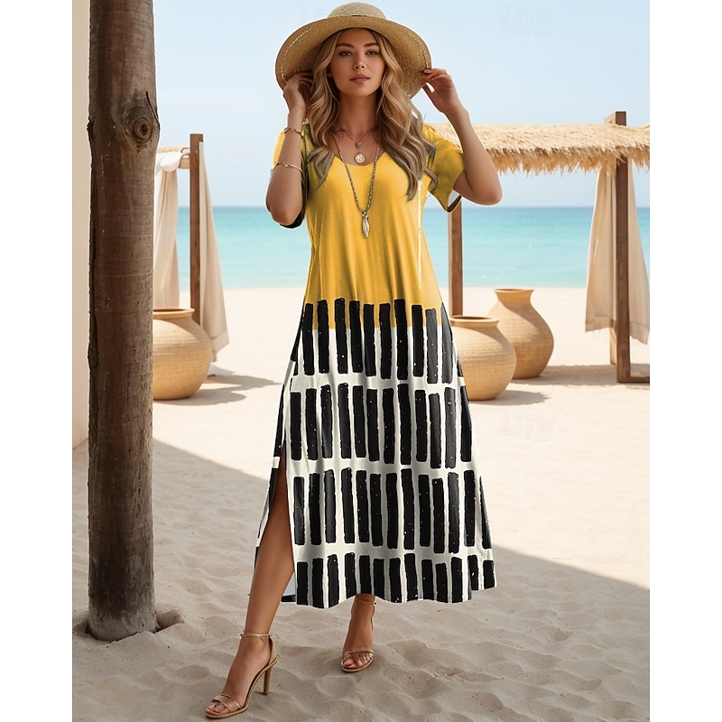 Women's Maxi Dress T Shirt Dress Tee Dress Sundress Shift Dress Vacation Casual Beach Party Beach Regular Fit Geometric Stripe Short Sleeve Crewneck Yellow Pink Red Blue Summer Spring3