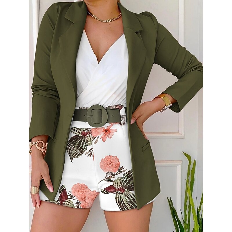 Women's Active Fashion Blazer Blazer Suits Long Sleeve Shirt Collar Solid Color Print Business Wear to work Pink Army Green Red Summer Regular Fit2