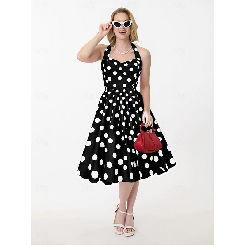 Retro Vintage 1950s Grease Outfits Rockabilly Midi Dress Swing Dress Flare Dress With Belt Spaghetti Strap Polka dots A-Line Fancy Dress Women's Carnival Daily Wear Tea Party Retro Adults Dress Spring4