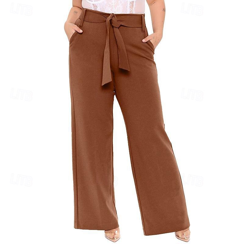 Women's Wide Leg Slacks Streetwear Casual Full Length Natural Plain Pocket Elastic Waist Comfortable Street Daily Wear Weekend claret Grey Brown Fall Regular Fit2