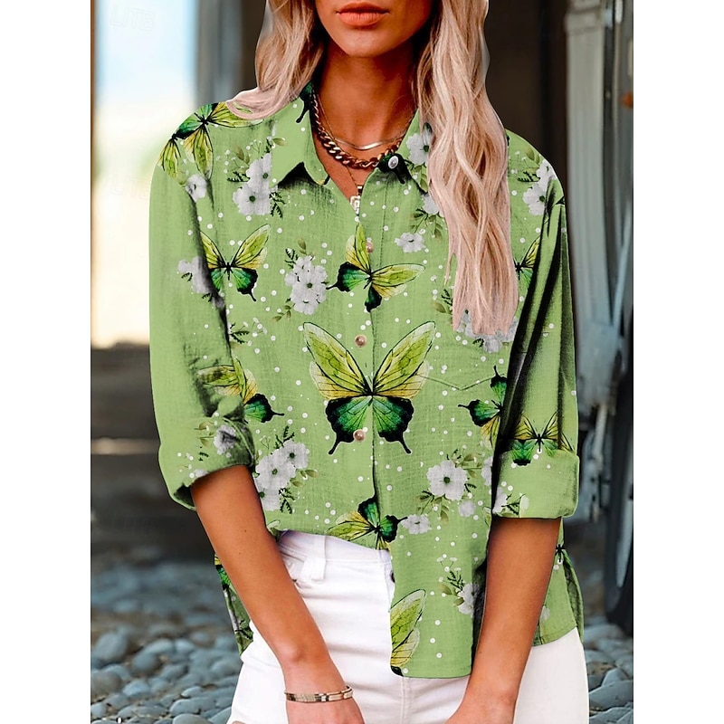 Women's Shirt Floral Butterfly Active Daily Stylish Long Sleeve Shirt Collar Regular Tops Daily Holiday Buttons Print Green Summer Spring Fall