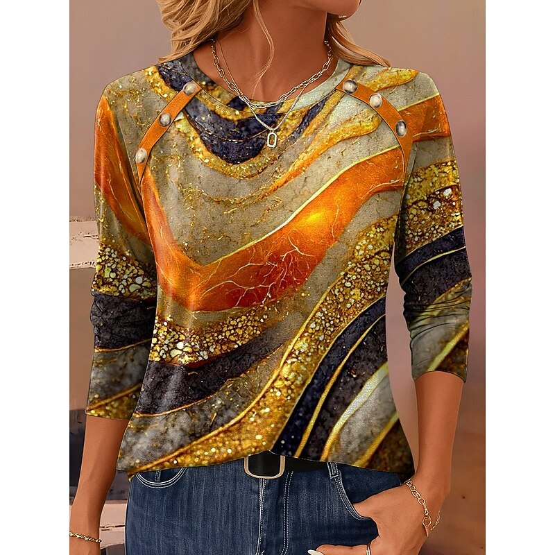 Women's T Shirt Graphic Geometric Vintage Casual Long Sleeve Crew Neck Regular Tops Daily Buttons Print Yellow Pink Blue Orange Spring Fall Winter3