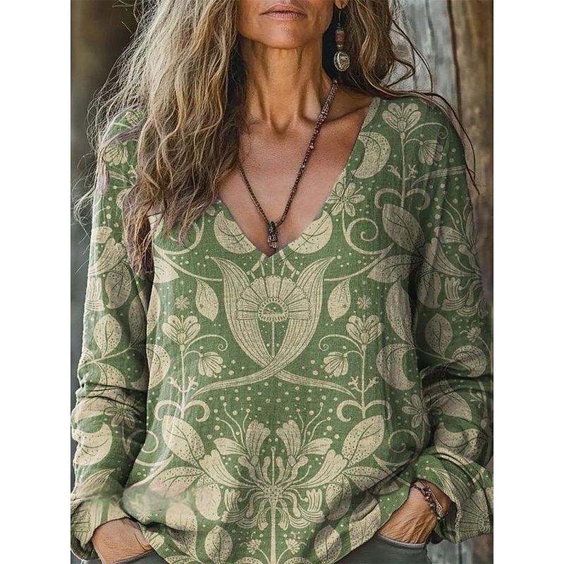 Women's Blouse Floral Bohemia Vintage Long Sleeve V Neck Regular Tops Daily Holiday Print Grass Green Light Green Wine Army Green Red Summer Spring Fall3