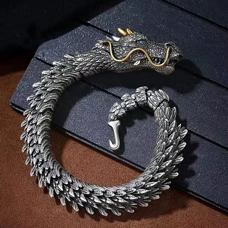 Silver Handmade Dragon Chain Bracelet Vintage Bold Dragon Bone Design for Men Trendy Cool Masculine Bracelet Elegant High-End Feel Fashion Accessory