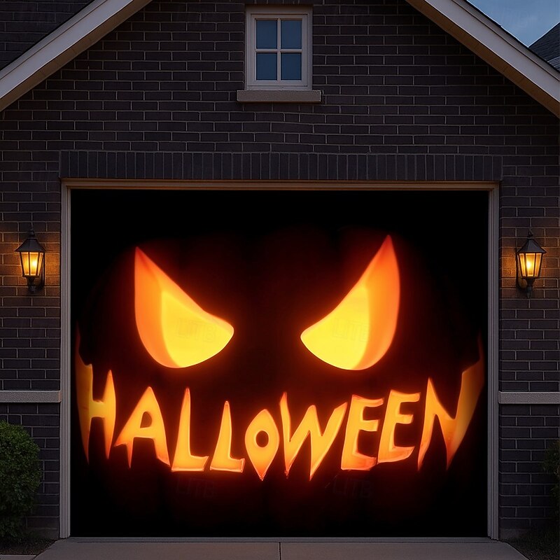 Halloween Garage Door Cover Banner Backdrop – Glowing Jack-o'-Lantern Face with "Halloween" Text, Outdoor Decoration for 2025 Halloween Home Front Yard4