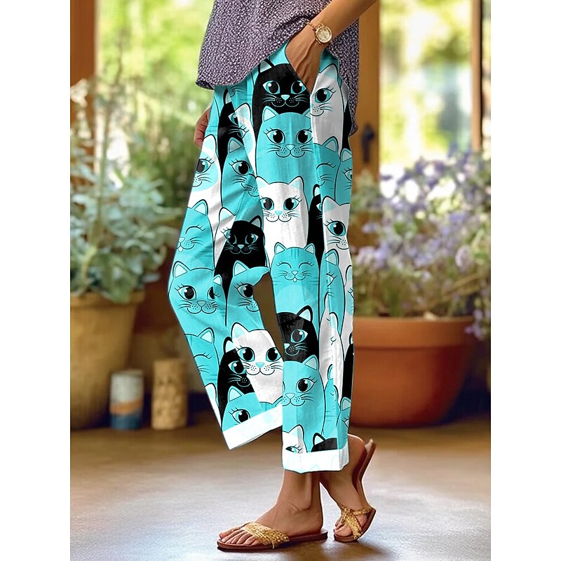 Women's Chinos Straight Vacation Vintage Casual Ankle-Length High Waist Graphic Animal Embroidered Pocket Printing Soft Outdoor Breathable Inelastic Vacation Casual Daily Amethyst Robin's Egg Blue2