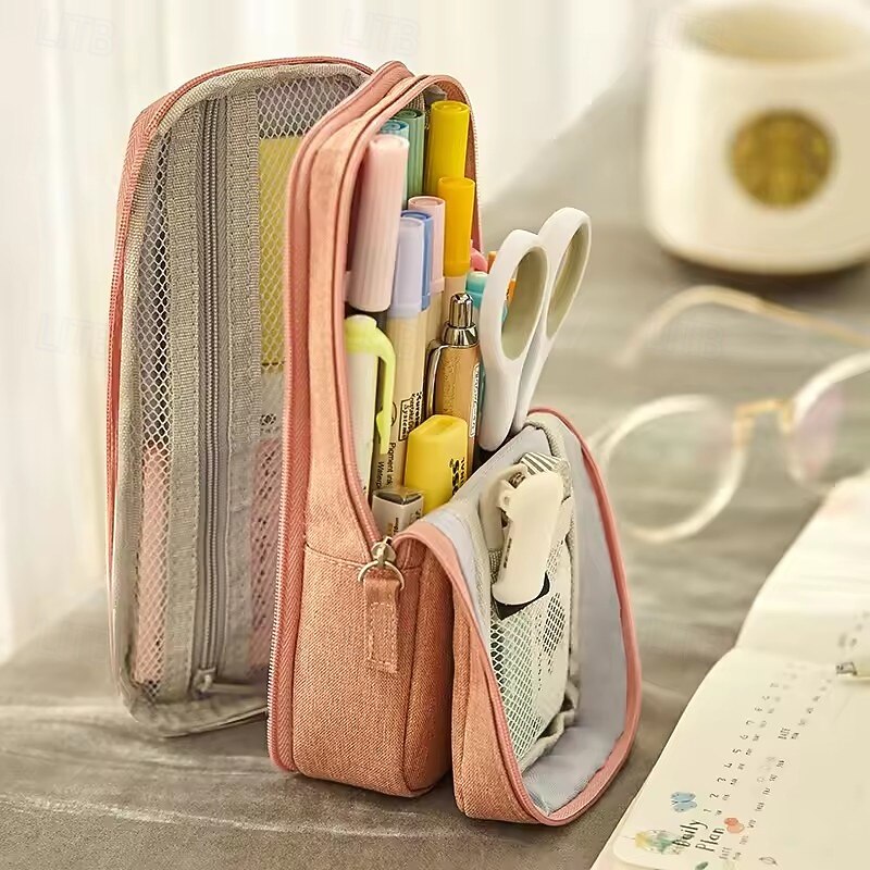 Pen Bag Pencil Case Two Layer Foldable Stand Fabric Phone Holder Storage Pouch for Stationery Office School3