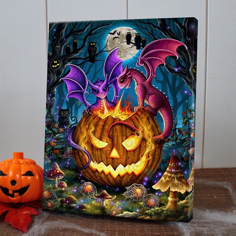 Halloween LED Canvas Wall Art The glowing Pumpkin by Sarah Richter LED Lighted Up Wall Decor 2AA Battery Operated Lighted Canvas Print LED Light Kitchen Bedroom or Home Decor Waterfall2
