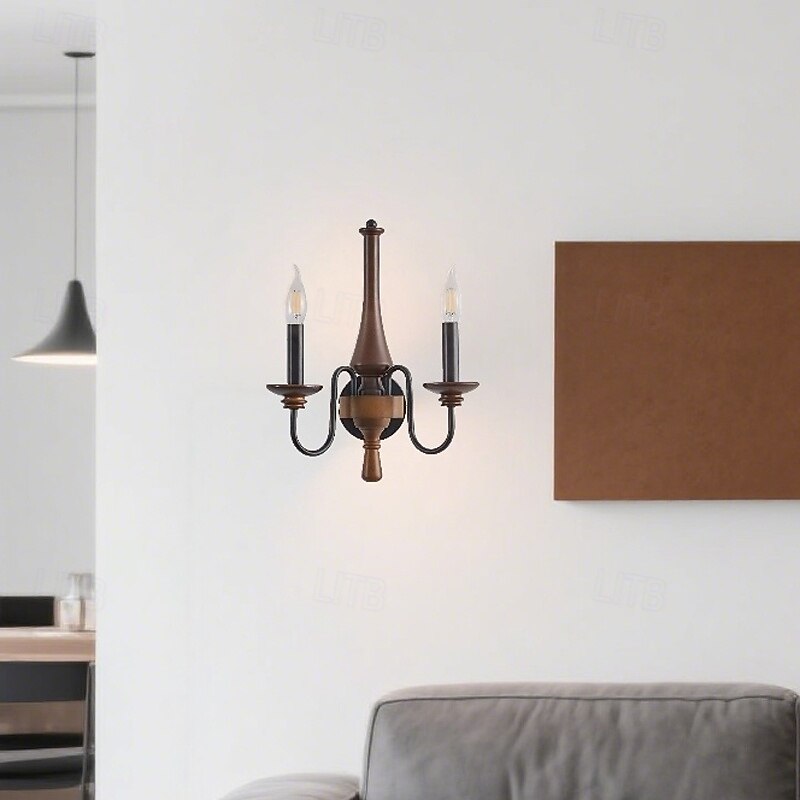 Retro Candle E14 Wall Sconce Decorat Rustic Home Wall Mounted Lamp Candle Wall Lights Wood+Metal Wall Lamp Bedroom Living Room Lighting