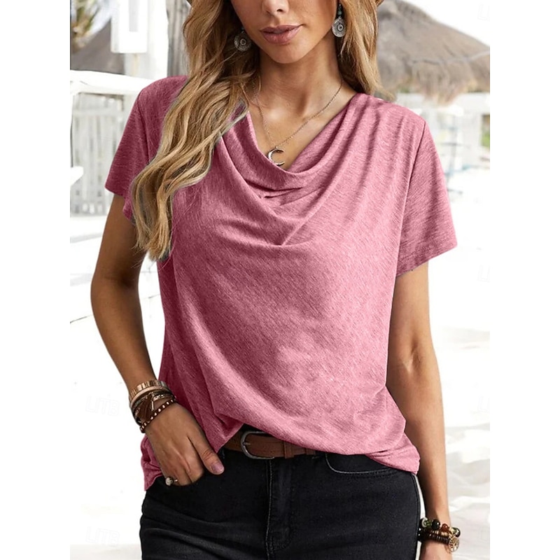 Women's T Shirt Plain Classic Modern Casual Short Sleeve Cowl Neck Regular Tops Daily Weekend Black Pink Blue Green Gray Summer Spring