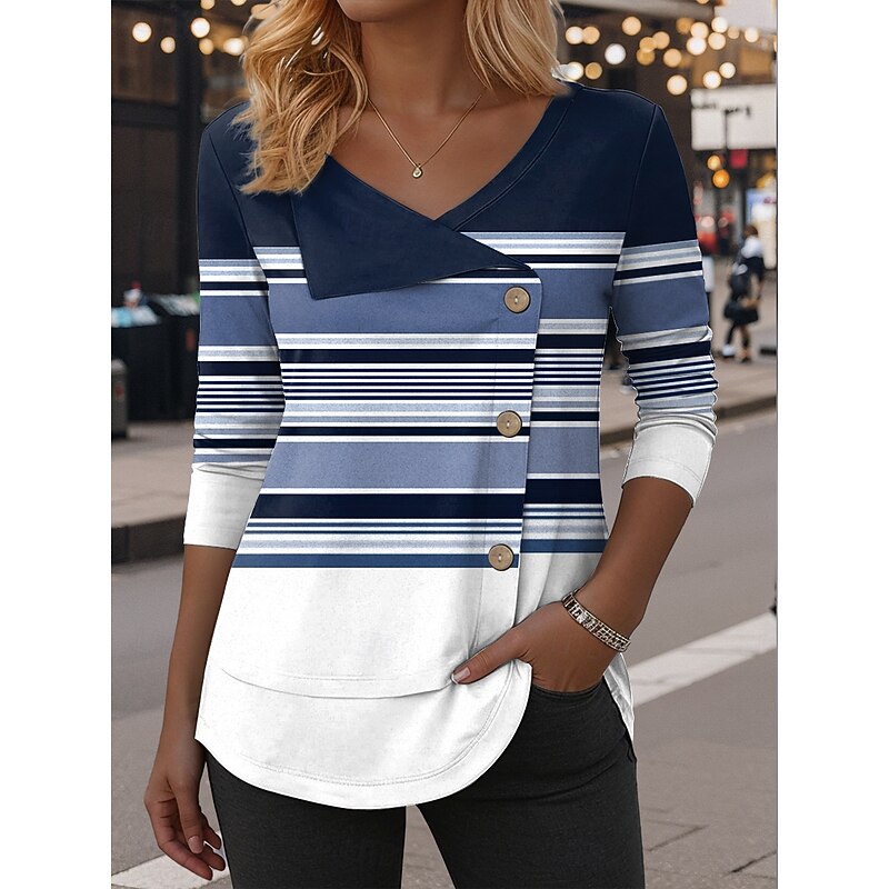 Women's Blouse Tunic V Neck Long Sleeve Buttons Graphic Geometric Vintage Fashion Casual Regular Tops Daily Patchwork Print Blue Purple Brown Green Spring Fall Winter