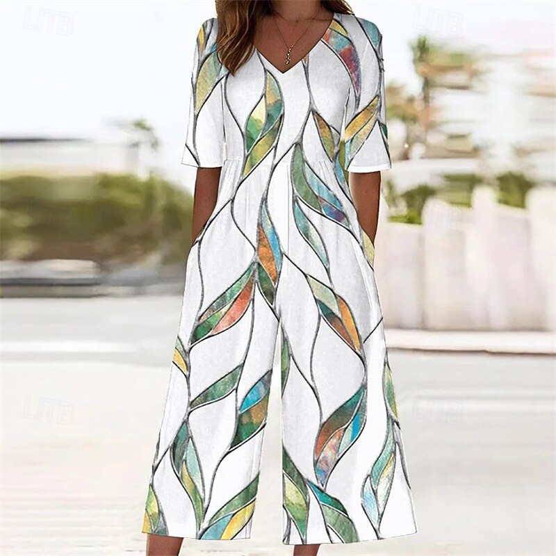 Women's Normal Jumpsuit Streetwear Print Short Sleeve Wide Leg V Neck Pocket Street Daily Regular Fit White Summer