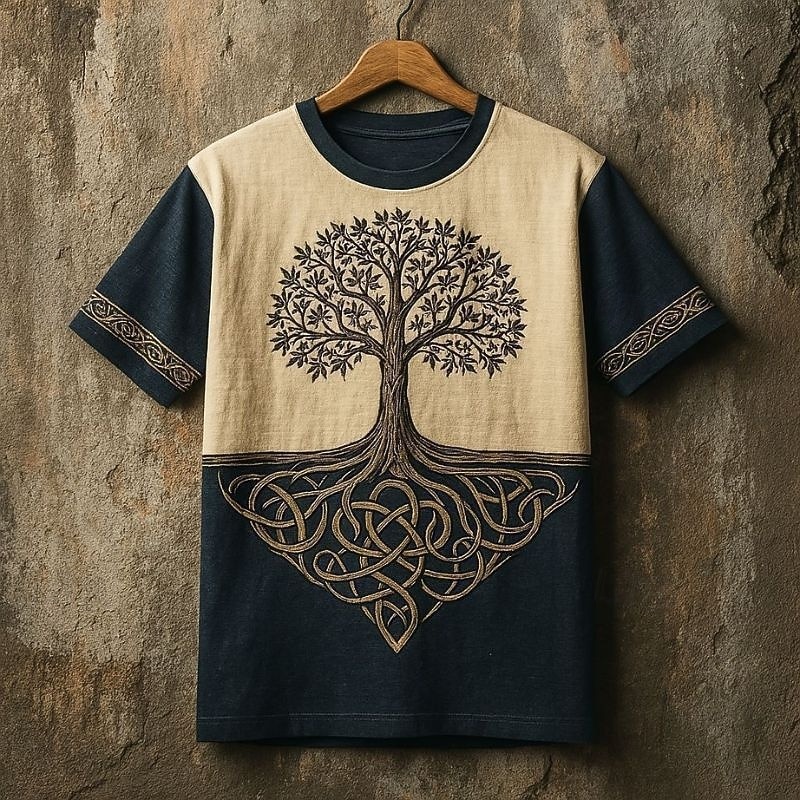 Men's Tee Short Sleeve Shirt Tee Top Short Sleeve Crew Neck Summer Fall Graphic Tree Of Life Yggdrasil Fashion Designer Retro Vintage Print Vacation Street Going out Black Khaki Beige Top Tee for Men