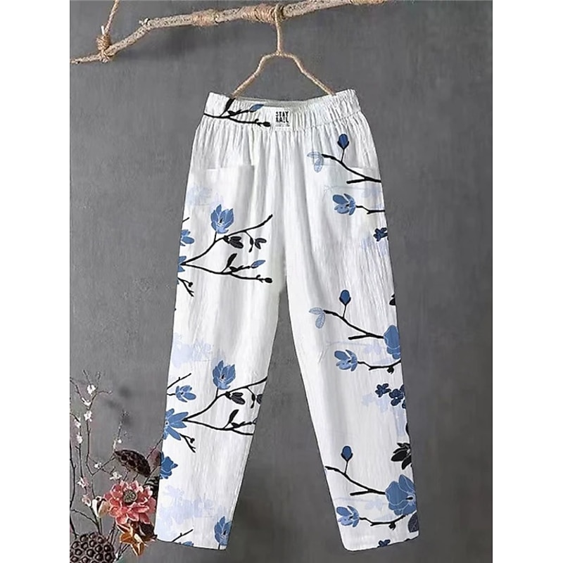 Women's Wide Leg Chinos Slacks Vacation Vintage Ethnic Style Full Length High Waist Floral Graphic Animal Pocket Comfy Breathability Lightweight Inelastic Outdoor Vacation Causal White Blue Summer