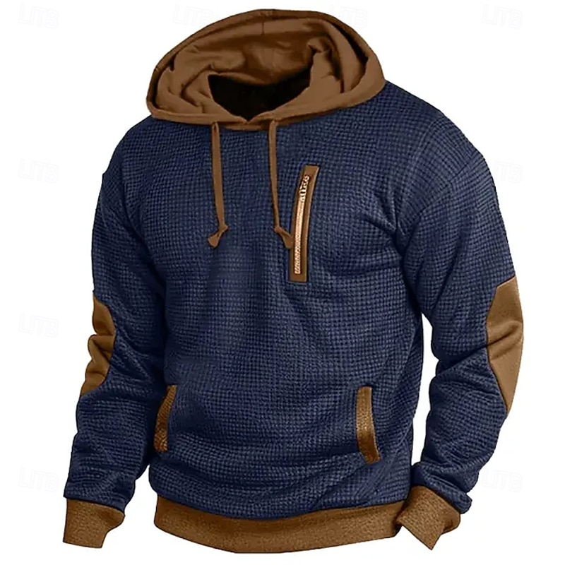 Men's Hoodie Waffle Hoodies Pullover Hoodie Sweatshirt Navy Blue Hooded Color Block Pocket Sports & Outdoor Daily Streetwear Basic Workout Athletic Fall Clothing Apparel Hoodies Sweatshirts
