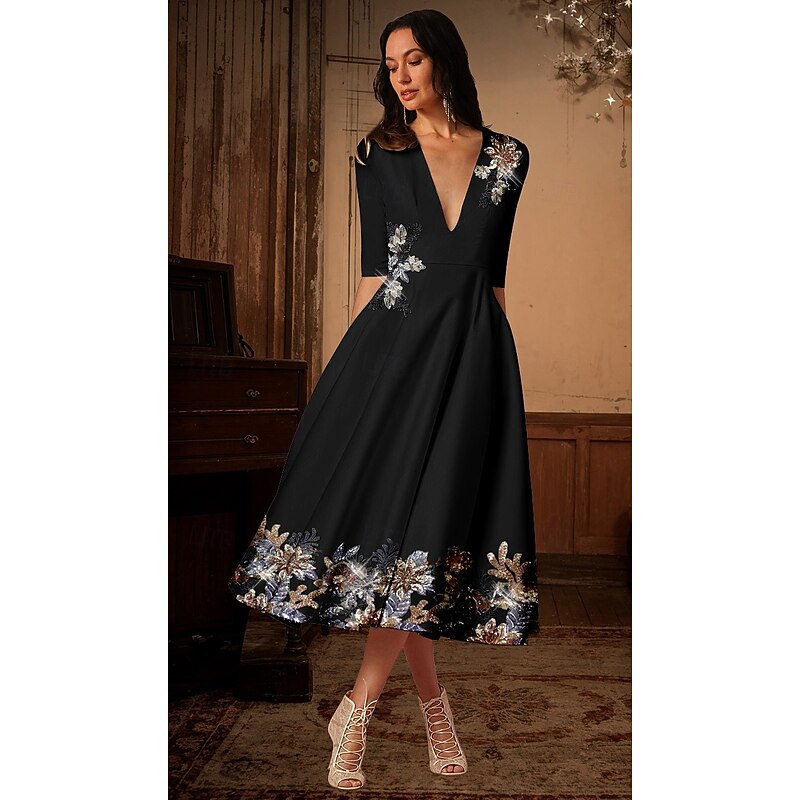 A-Line Floral Beaded Lace Cocktail Dresses Elegant Dress Formal Wedding Tea Length Midi Length Half Sleeve Plunge Neck Satin with Embroidery4