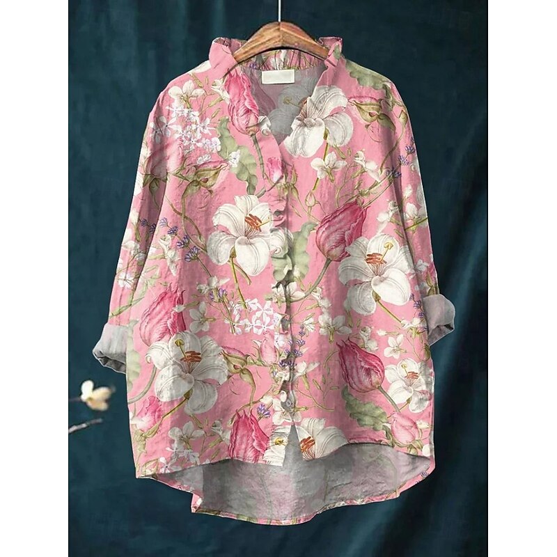 Women's Boho Shirt Floral Elegant Bohemia Active Long Sleeve Work Daily Holiday Ruched Ruffle Denim Blue Pink Dusty Rose Blue Green Summer Spring Fall3