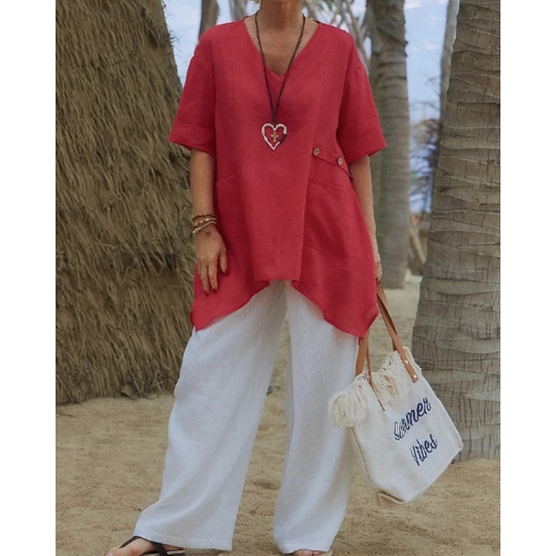 Women's Shirt Linen-Inspired Shirts Blouse Plain Modern Casual Half Sleeve V Neck Regular Tops Daily Going out Asymmetric White Red Green Apricot Summer2
