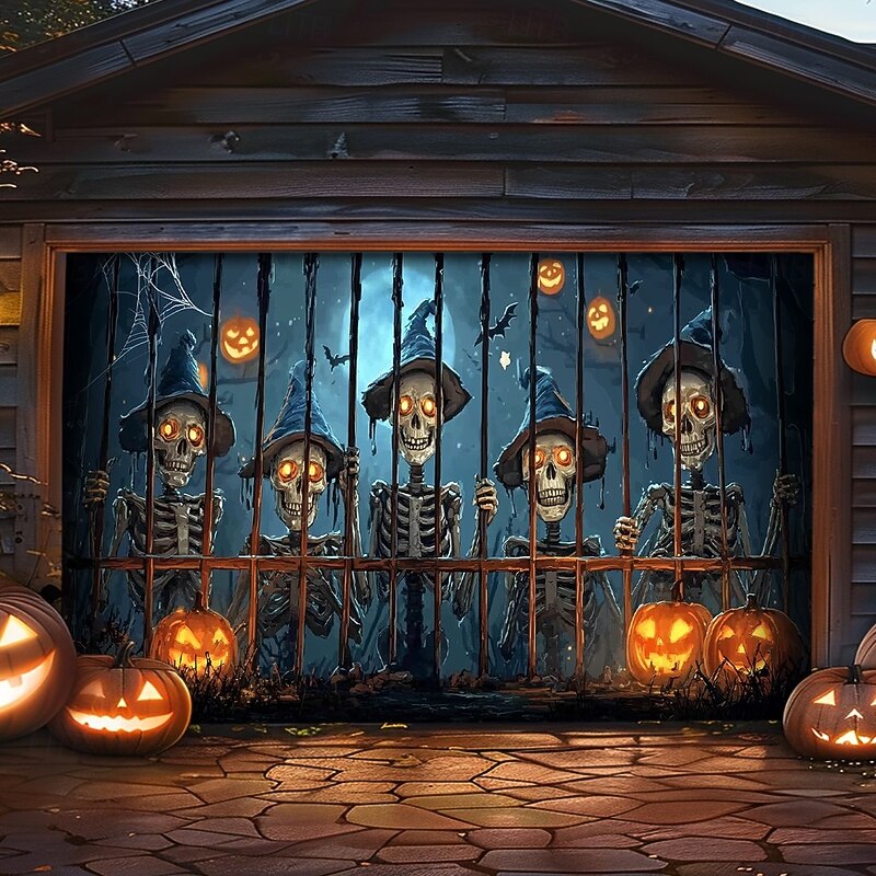 Halloween Garage Door Cover – Creepy Skeletons' Faces Behind Fence, Spooky Outdoor Decoration for 2025 Halloween Home Front Yard