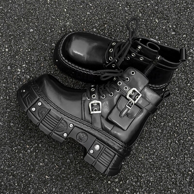 Men's Black Rivet Buckle Combat Boots – Gothic Platform Lace-Up Ankle Boots for Concerts, Biker Style & Punk Events4