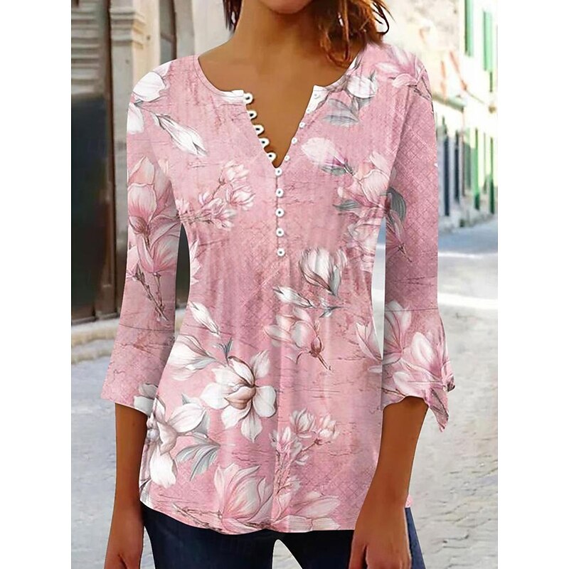 Women's Blouse V Neck Ombre Floral Graphic Elegant Vintage Stylish 3/4 Length Sleeve Regular Tops Daily Going out Buttons Pink Blue Sky Blue Green Summer Spring Fall3
