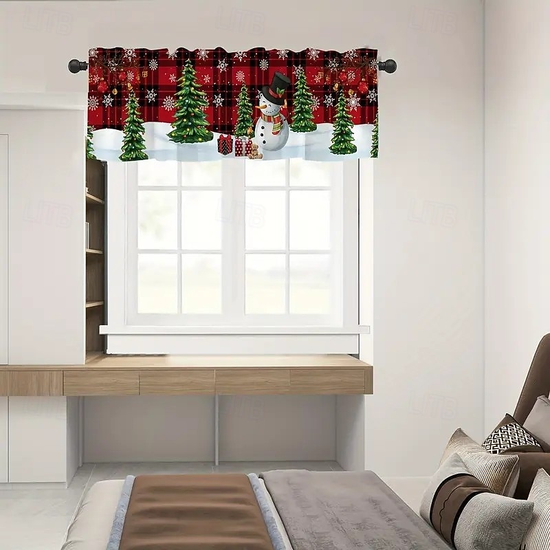 1 Piece Of Christmas Kitchen Short Curtain - Featuring A Festive Snowman And Checkered Design With A Semi Transparent Farmhouse Style And Pole Pockets Suitable For Decorating Living Rooms Bedrooms Bathr