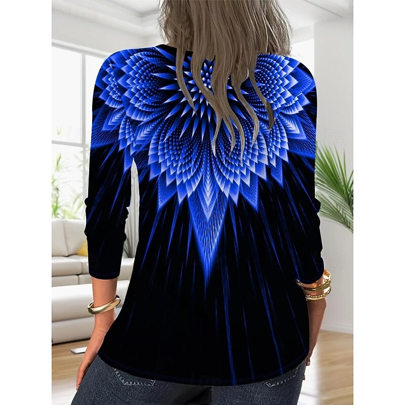 Women's T Shirt V Neck Long Sleeve Tunic Graphic Geometric Vintage Stylish Classic Regular Tops Daily Going out Weekend Print Black Blue Spring Fall3