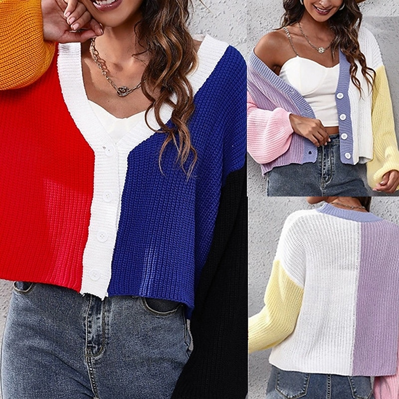Women's Cardigan Casual Color Block Chunky V Neck Knitted Long Sleeve Crop Tops Knit Daily Holiday Going out Pink Blue Fall Winter