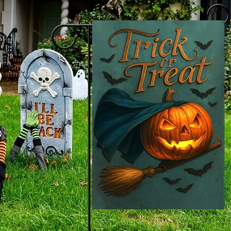 Halloween Garden Flag Banner – "Trick or Treat" Pumpkin with Witch's Broom, Double-Sided Weather-Resistant Yard Flag for 2025 Halloween Holiday Outdoor Lawn, Porch Decoration4