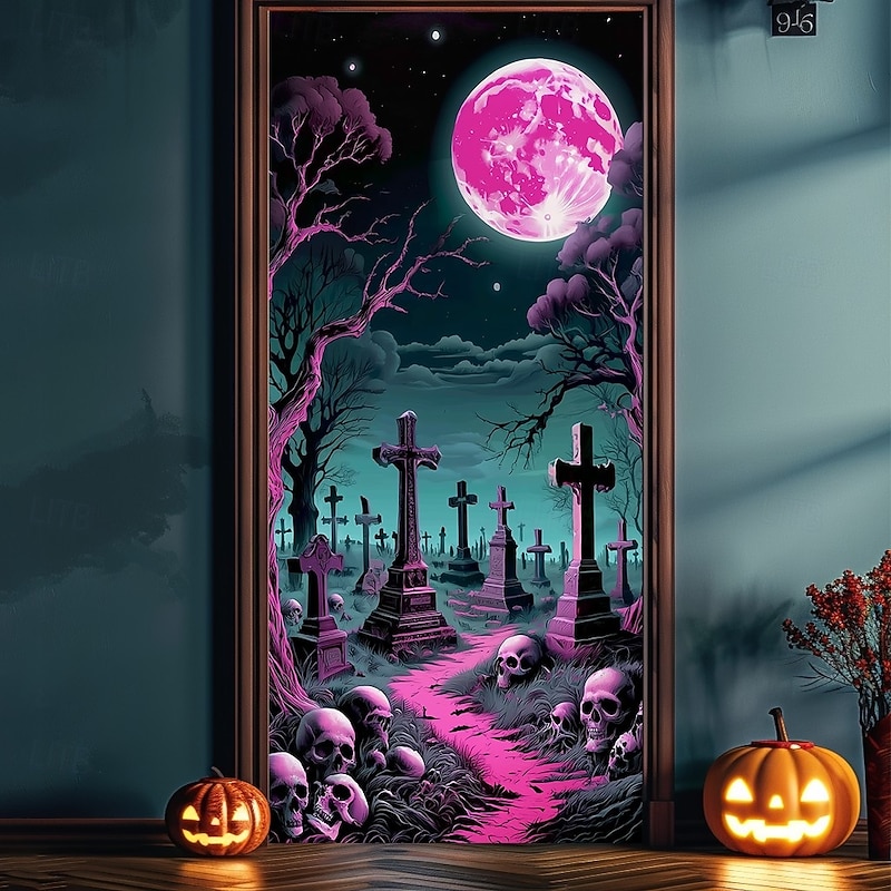 Halloween Door Cover Neon Graveyard with Full Moon Banner, Glowing Blacklight Entrance Decoration for Outdoor & Indoor 2025 Halloween Bedroom, Living Room, Bathroom2