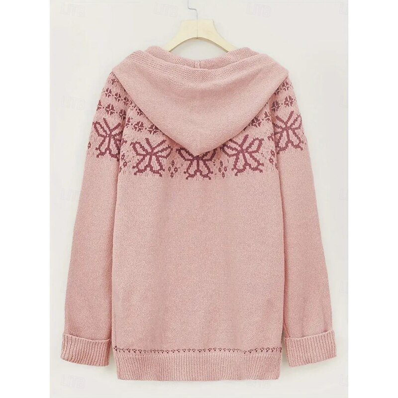 Women's Cardigan Vacation Fashion Streetwear Geometric Ribbed Hooded Knitted Print Front Pocket Long Sleeve Regular Tops Knit Outdoor Daily Pink Fall Winter3