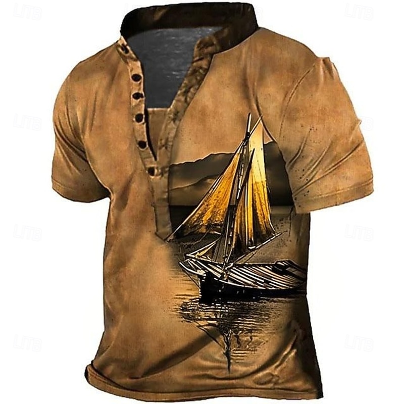 Men's Retro Sailboat T Shirt Henley Shirt Tee Short Sleeve Vintage Designer Basic Outdoor Casual Daily Summer Khaki Henley Henley T-Shirt
