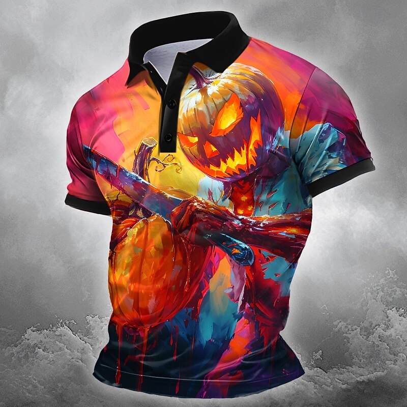 Halloween Men's Pumpkin Polo Short Sleeve Polo Shirts Collared Shirts Casual Horror Dark Athleisure Festival Wear 3D Print Buttons Summer Orange