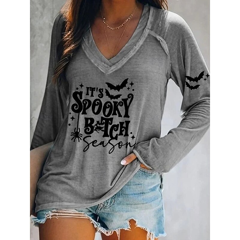 Halloween Women's T shirt Long Sleeve V Neck Long Sleeve Graphic Casual Vintage Regular Tops Daily Print Black Pink Orange Green Gray Spring Fall Prefall3