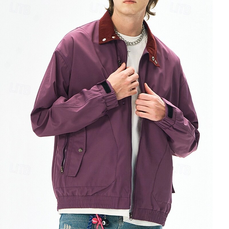 Men's Lightweight Jacket Cargo Jacket Casual Jacket Vacation Daily Windproof Windbreaker Pocket Fall Winter Plain Fashion Classic Stand Collar Regular Black White Purple Green Jacket4