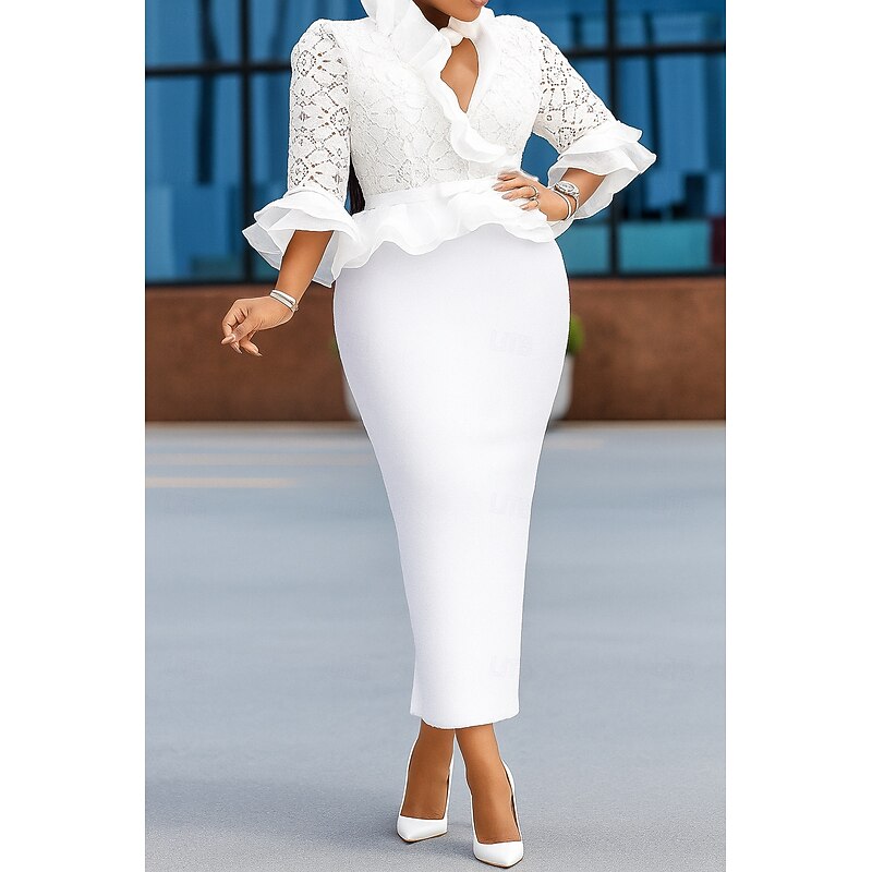 Sheath Prom Dresses Elegant Dress Valentine's Day Prom Ankle Length Half Sleeve V Neck Fall Wedding Guest Lace with Ruffles