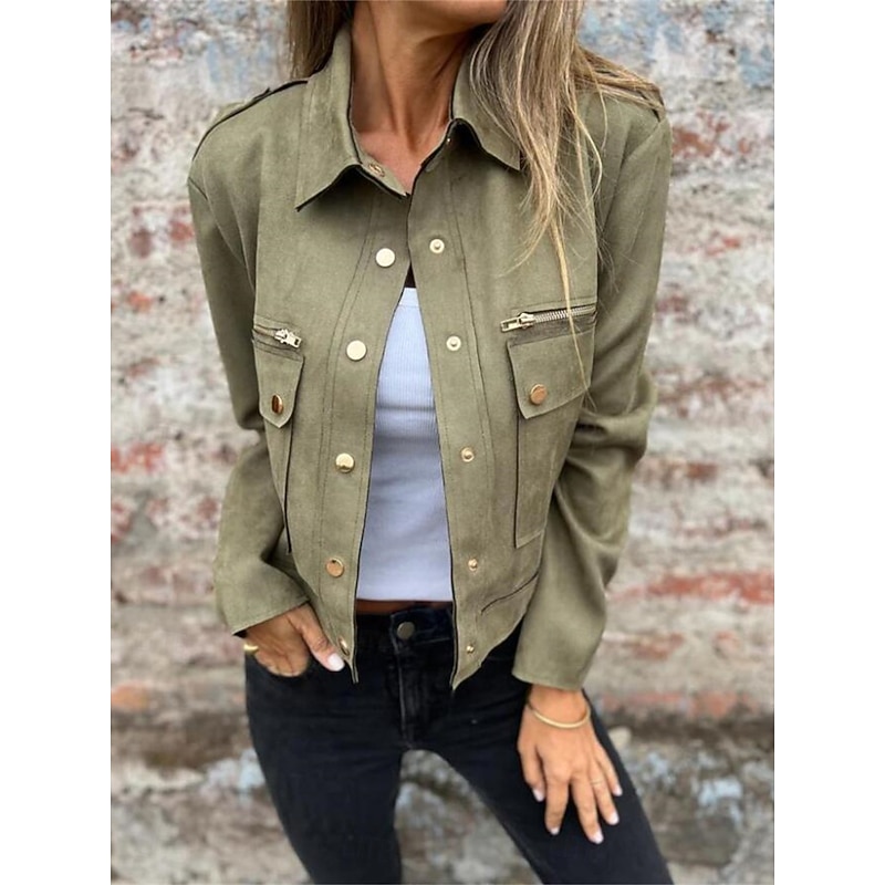 Women's Casual Jacket Comfortable Breathable Pocket Fashion Daily Plain Outdoor Casual Daily Single Breasted Regular Lapel Regular Fit Long Sleeve Outerwear Black White Light Green Spring Fall