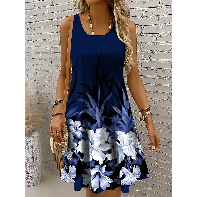 Women's Mini Dress Sundress A Line Dress Summer Dress Vacation Casual Regular Fit Ombre Floral Graphic Sleeveless U Neck Scoop Neck Black And White Dark Brown Red Blue Summer Spring